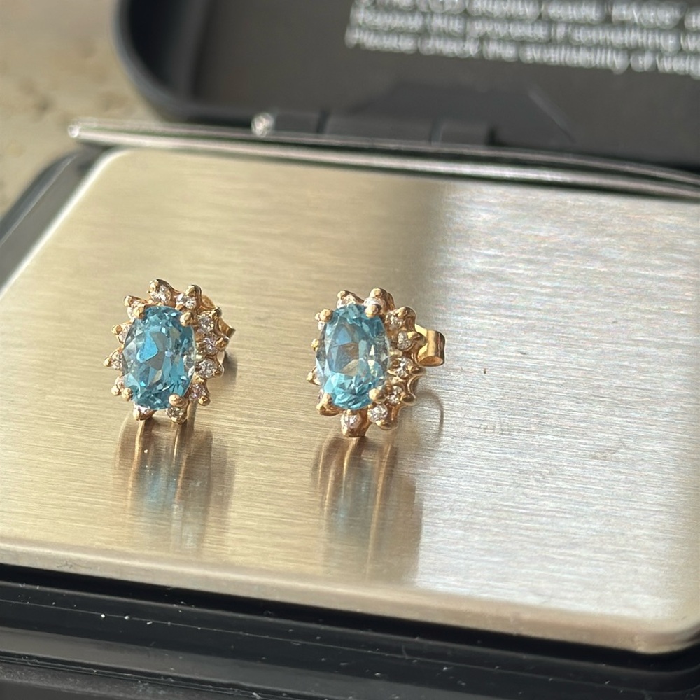 14K Yellow Gold Blue Topaz and Diamond Earrings
